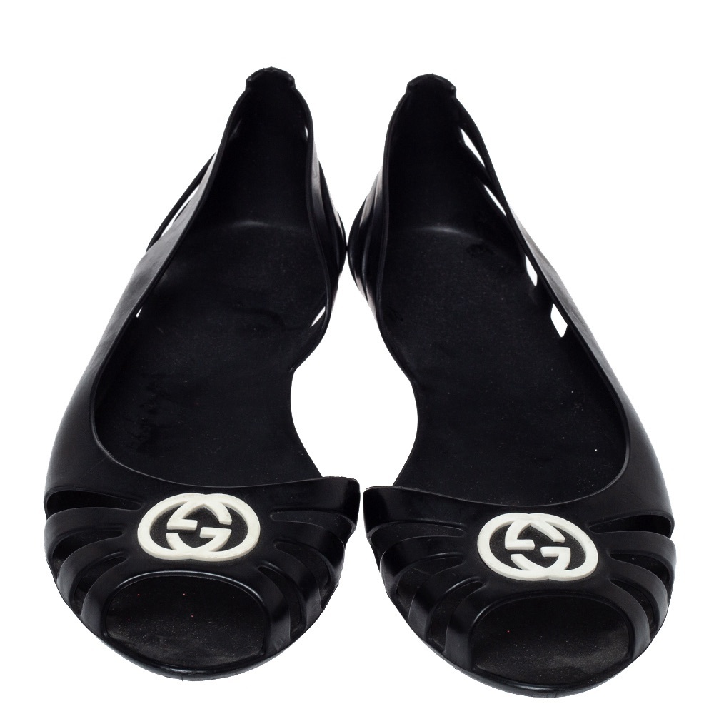 VINTAGE GUCCI *AUTHENTIC* BLACK RUBBER MAROLA BALLET FLATS - Picture 1 of 4
